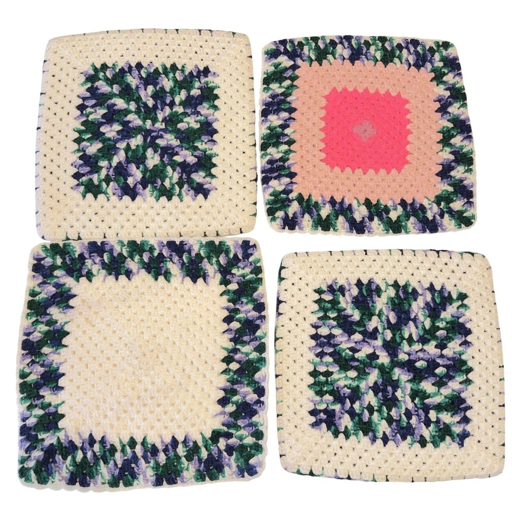 Set 4 VTG Large Handmade Crochet Hot Pad Trivet Multicolored Thick Double Layers